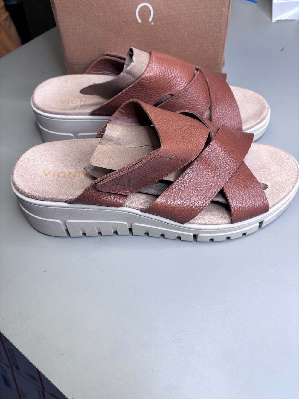 Vionic Women's Uptown Sunset Wedge Slide Sandal in Brown Leather size 10